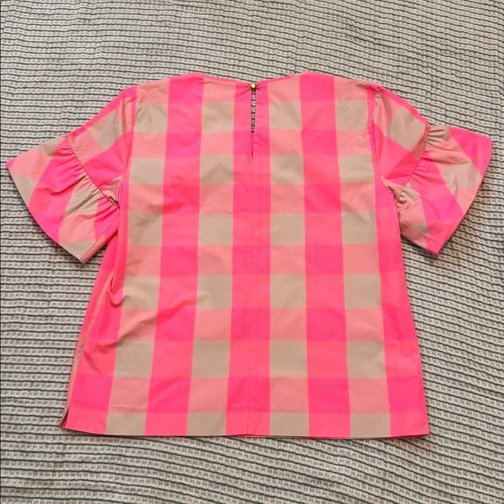 J.Crew Neon Pink & Tan Gingham Top | Ruffle Sleeve | Statement Blouse - Picture 4 of 4